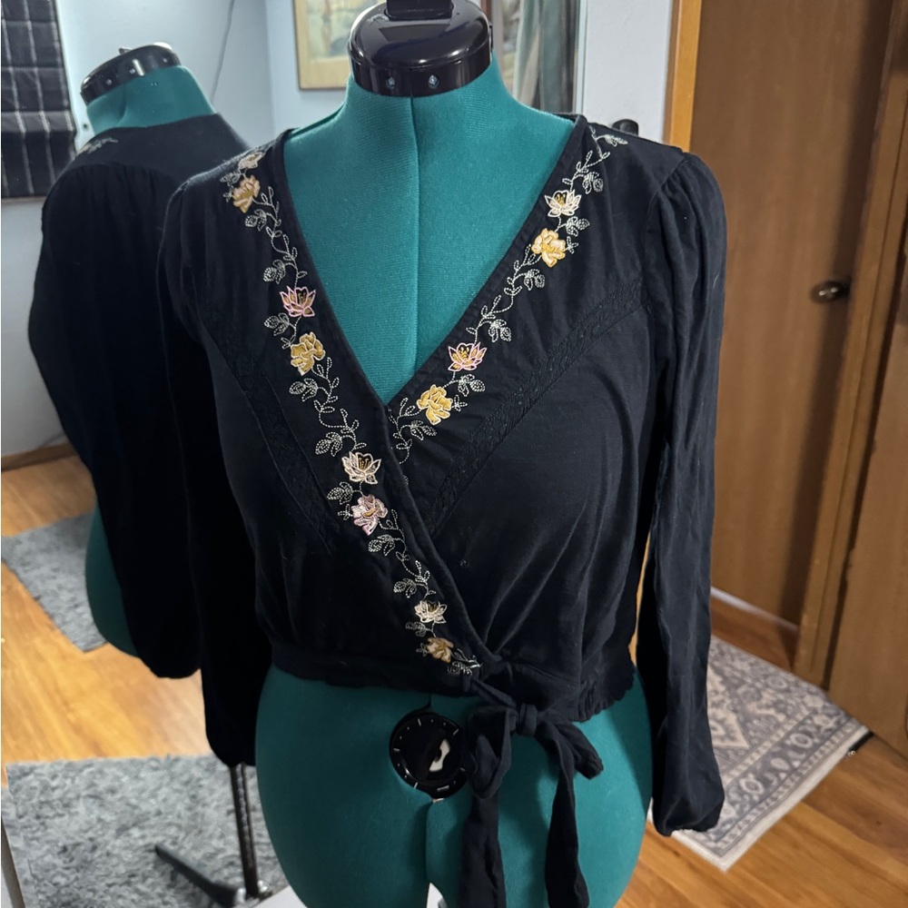 Embroidered Ever After Black Wrap crop Top